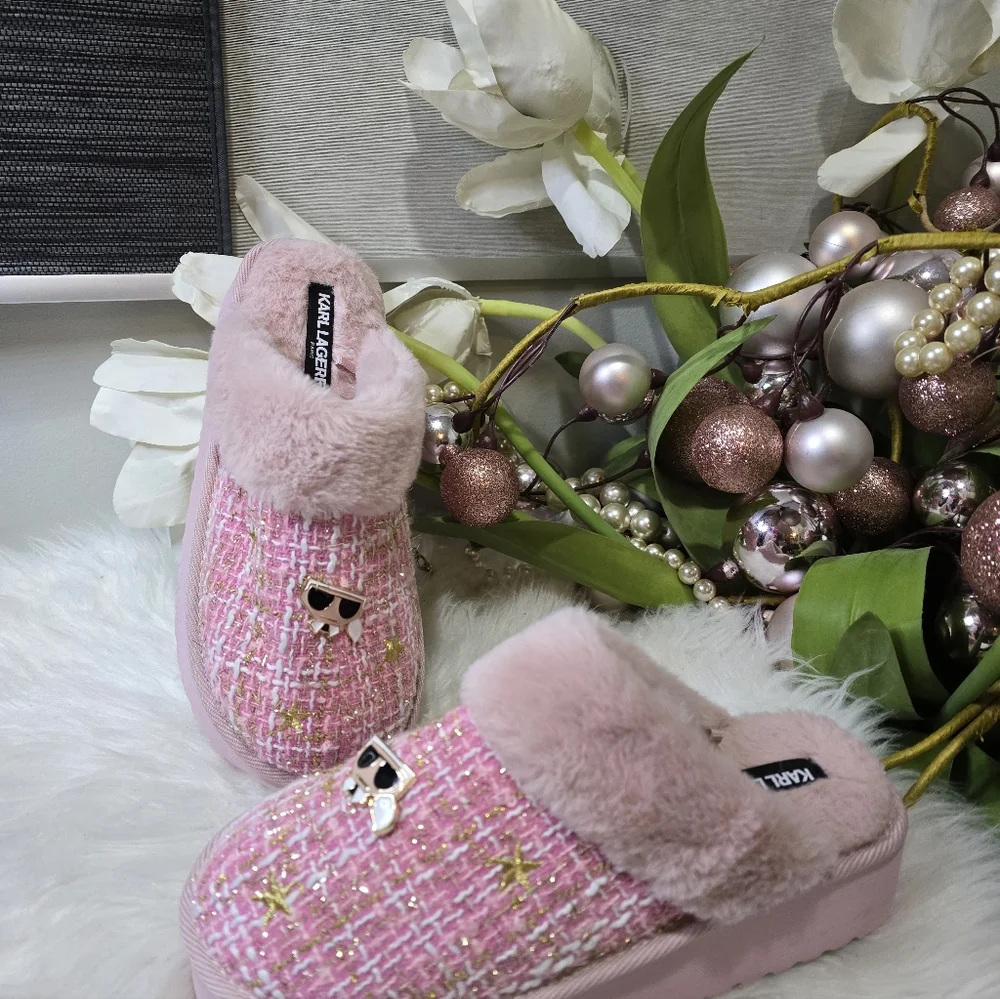 Karl Lagerfeld Hessa Tweed Pink Faux Fur Trim Platform Women's Slides New